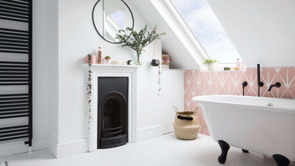Making clever use of this tricky loft space with sloped ceiling was key when creating a family bathroom that’s both fun and functional
