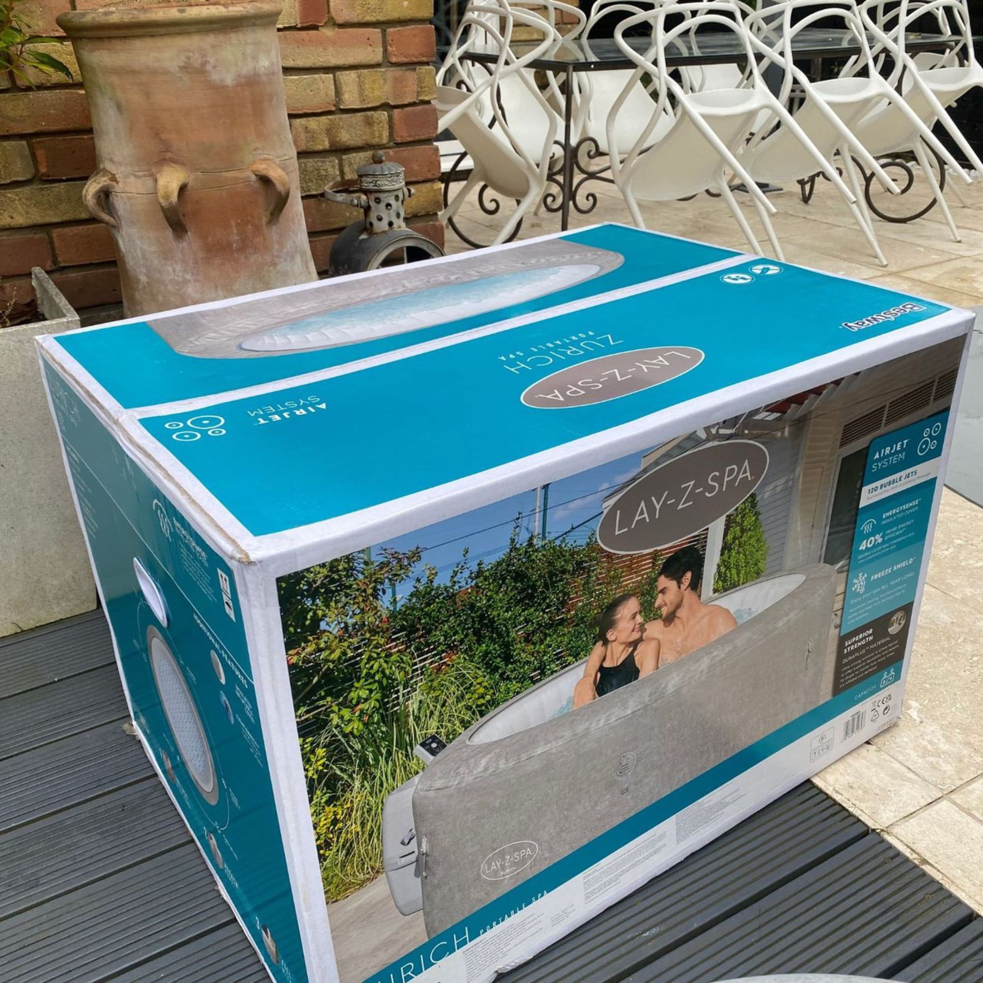 Lay-Z-Spa Zurich in box on decking