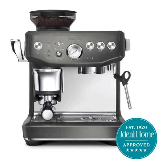 Sage Cofee Machine in grey with a one armed bandit for tamping on one side 