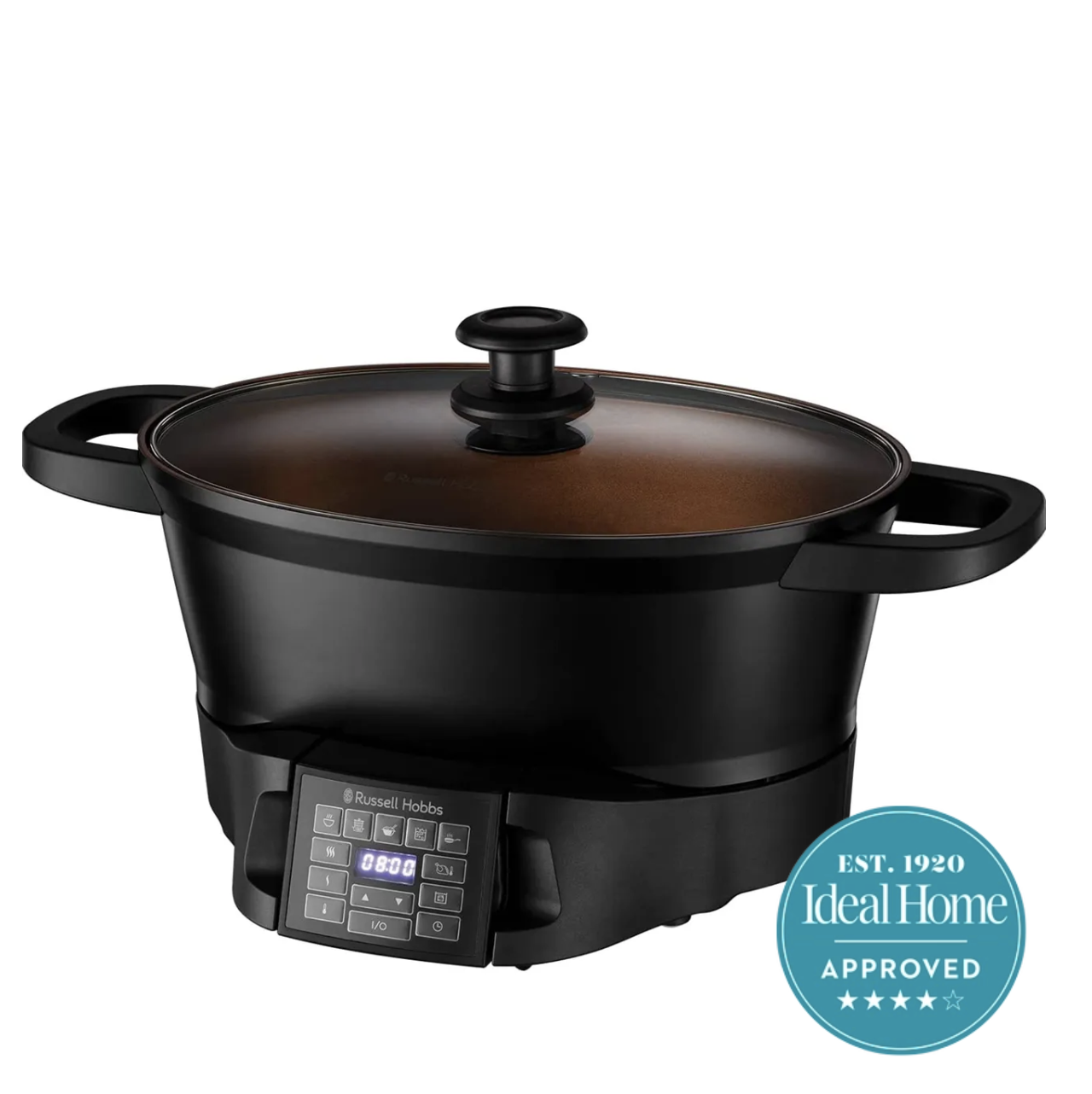 A Russell Hobbs slow cooker on a white background with a 4 star Ideal Home approved badge 
