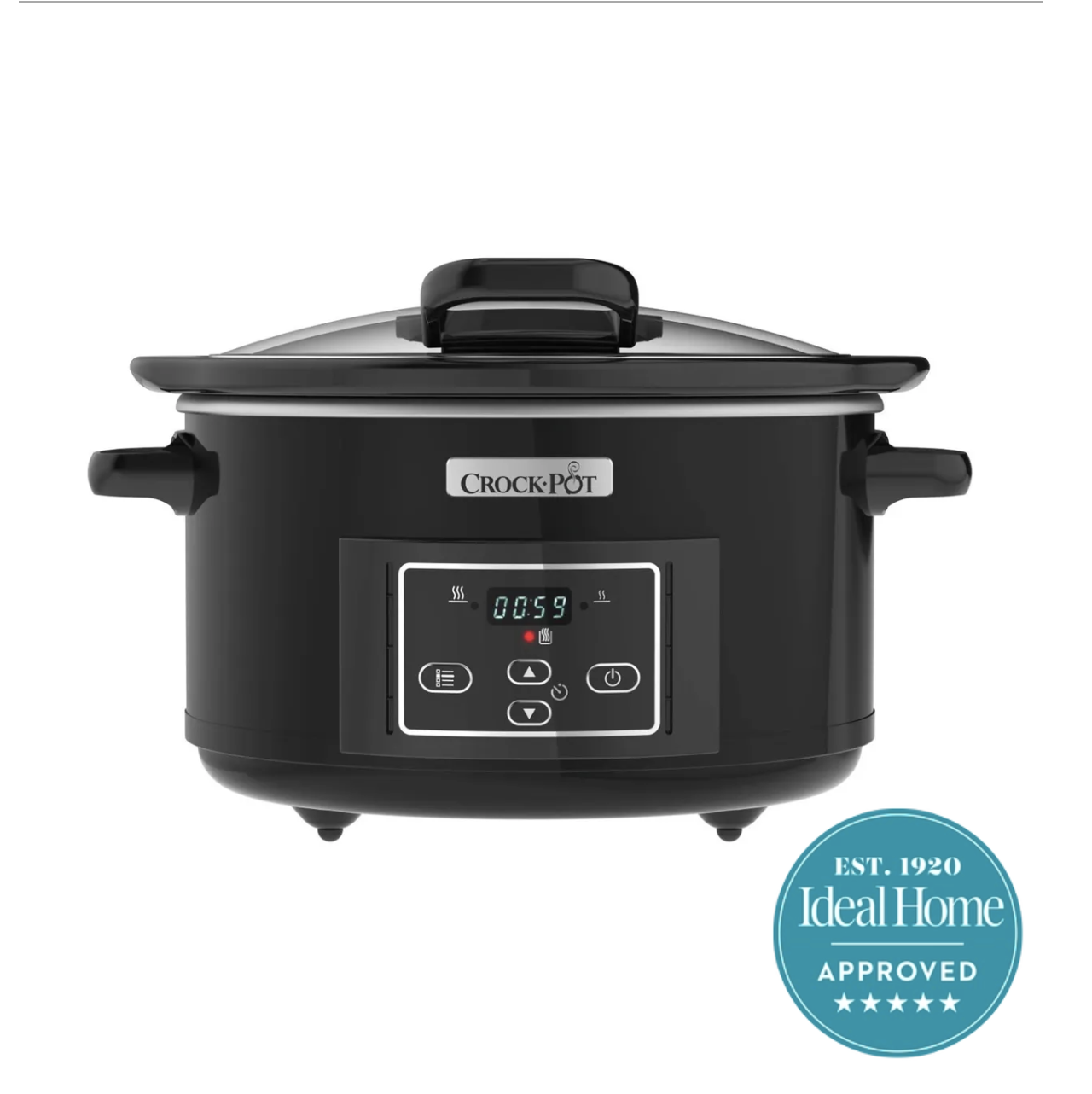 A black Crockpot slow cooker on a white background with a 5 star Ideal Home approved 