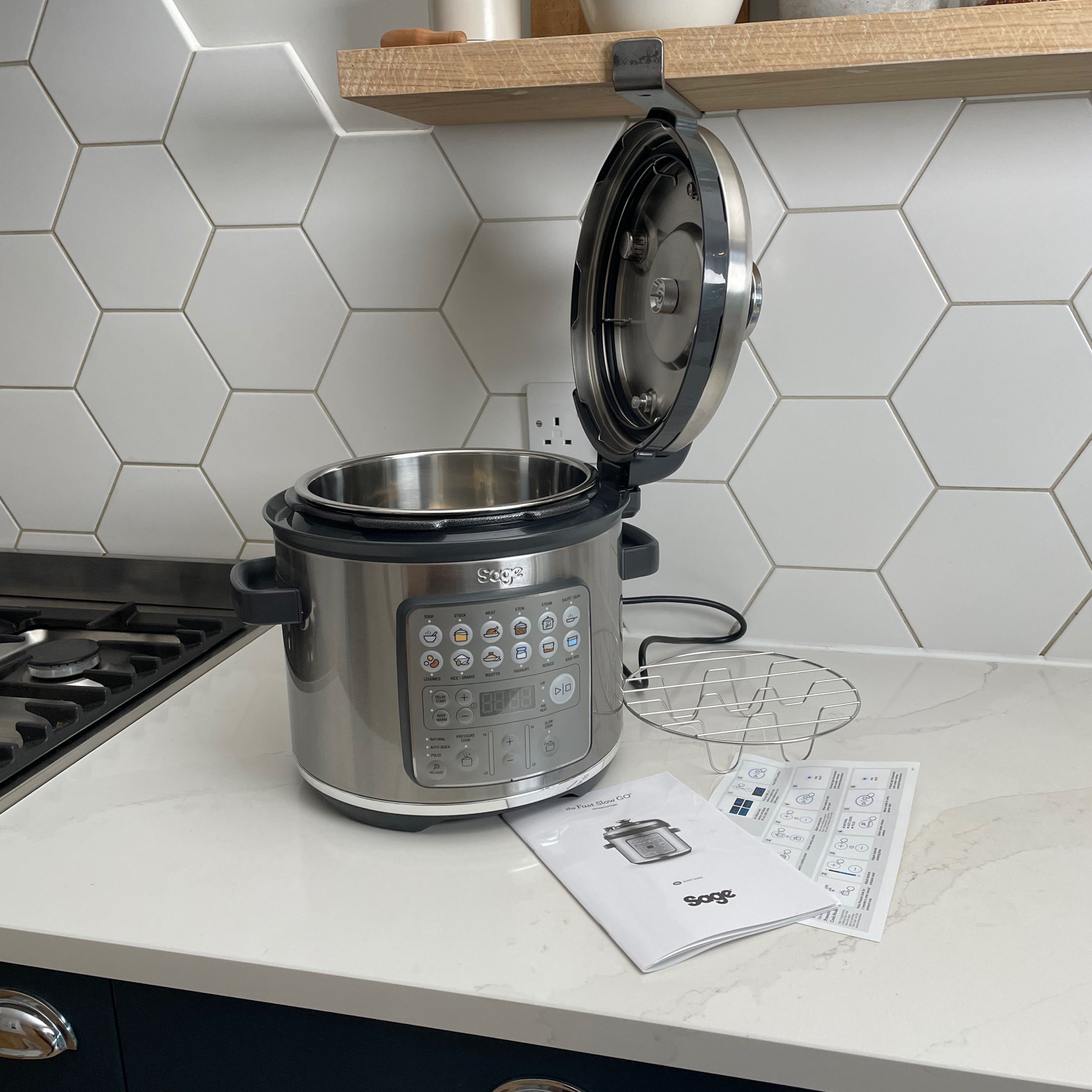 All the component parts on the Sage The Fast Slow Go on a white kitchen counter