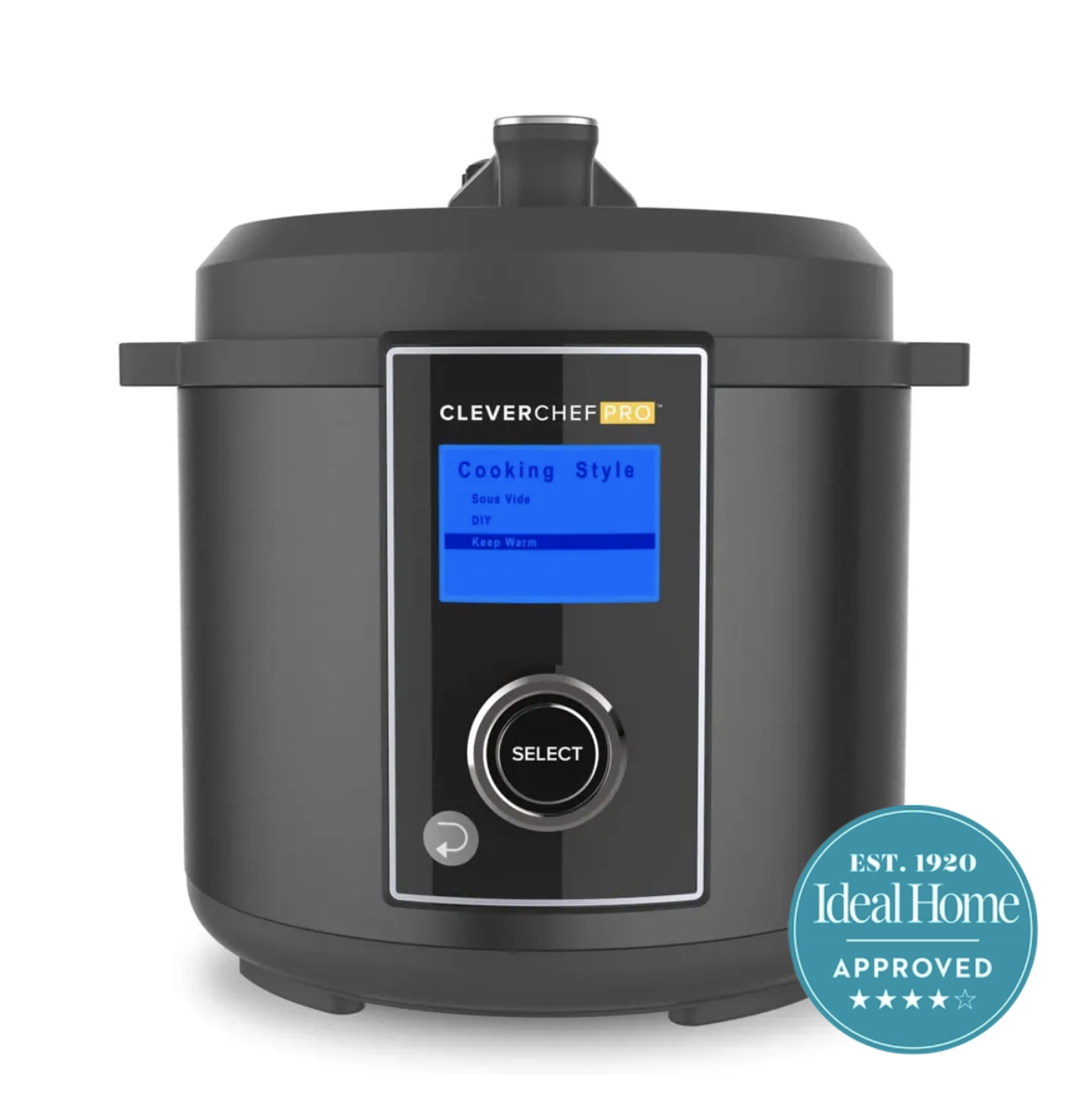 A black CleverChef slow cooker on a white background with a 4 star Ideal Home approved badge 