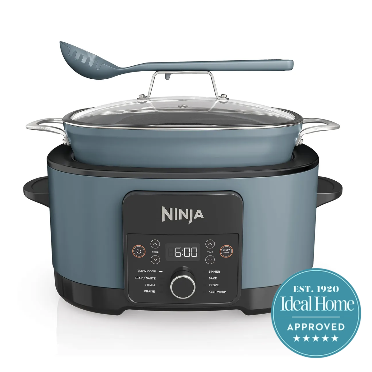 A blue Ninja slow cooker on a white background 