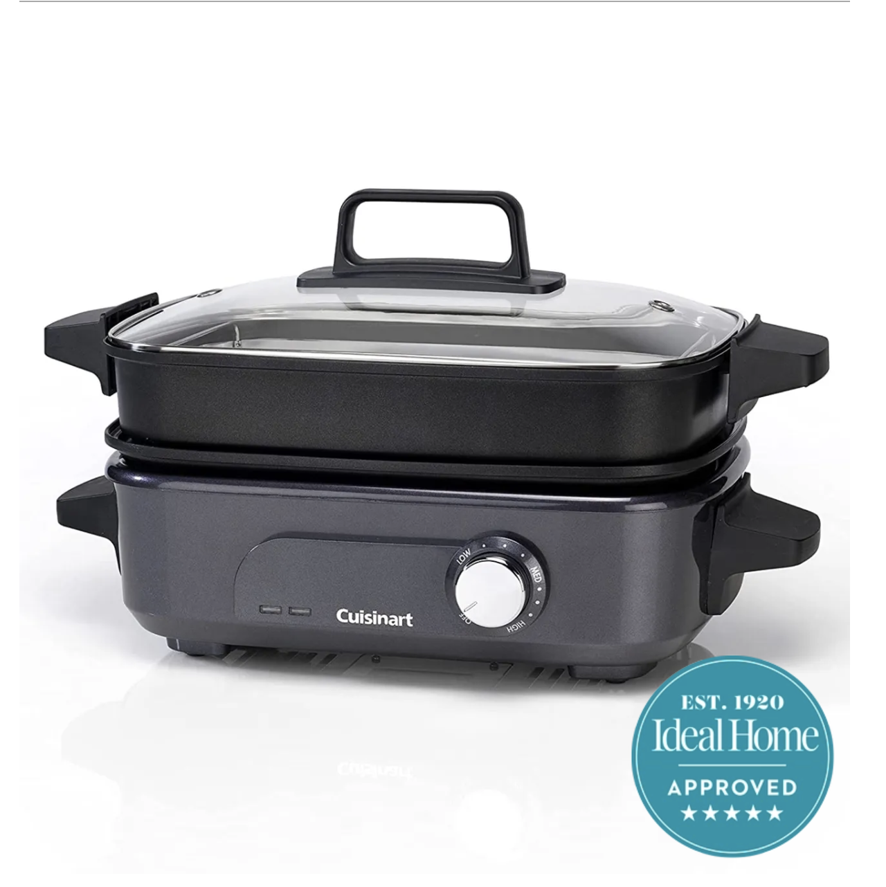 A silver Cuisinart slow cooker on a white background with a 5 star badge 