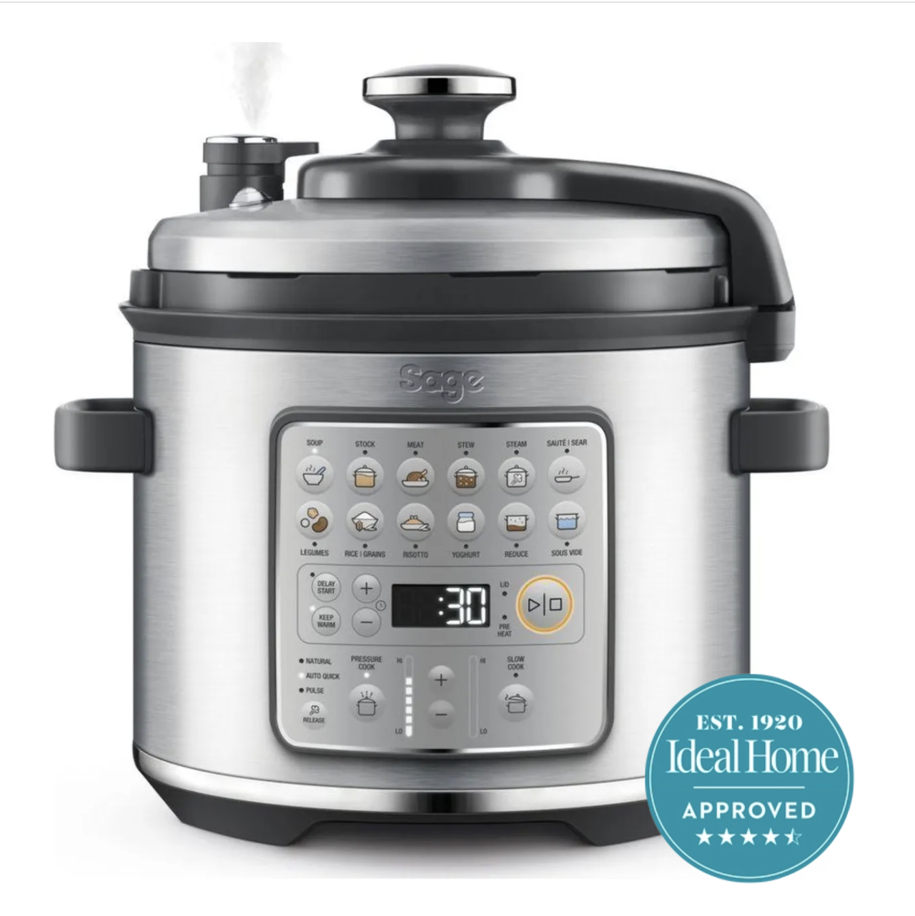 A silver Sage slow cooker on a white background 