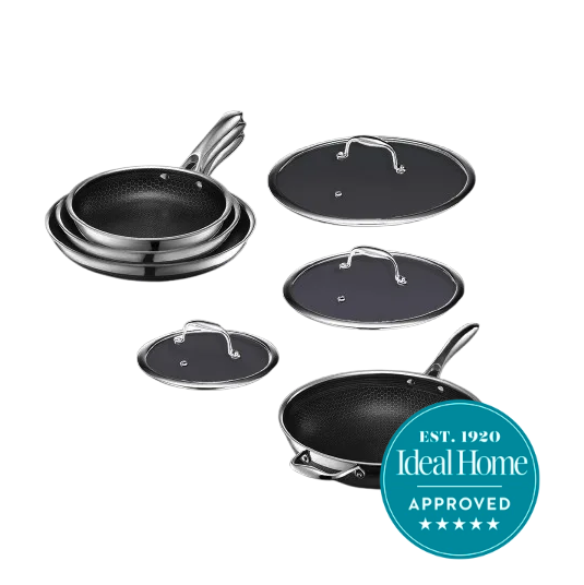 7 HexClad pans on a white background