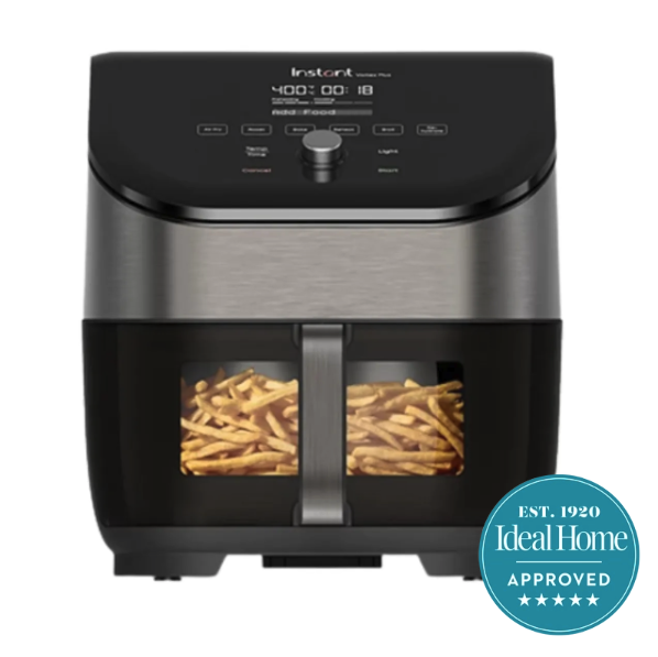 A medium sized Instant air fryer with stainless steel detailing. In the right hand corner is an Ideal Home approved 5 star badge 