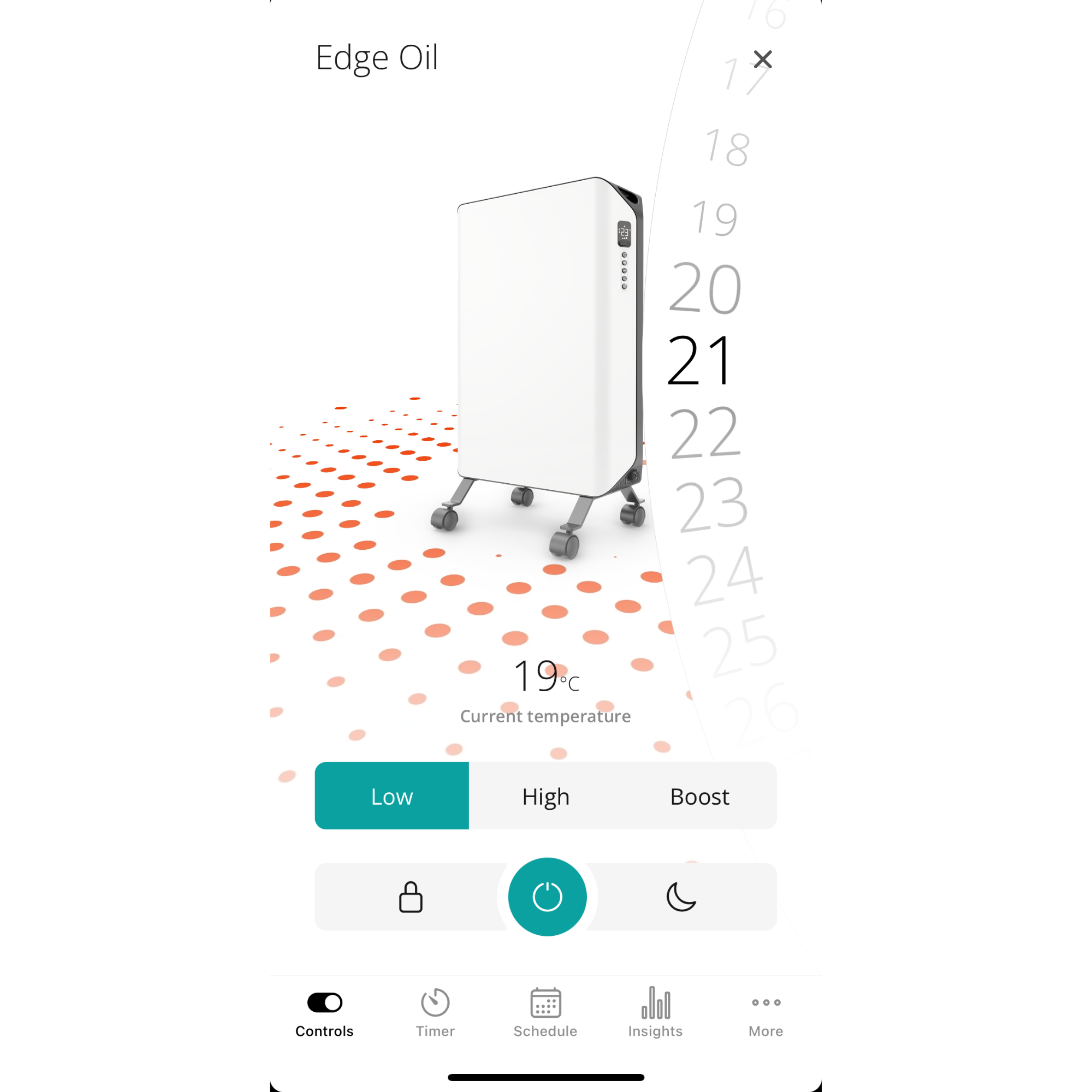 Duux app showing Edge Oil graphic and temperature options