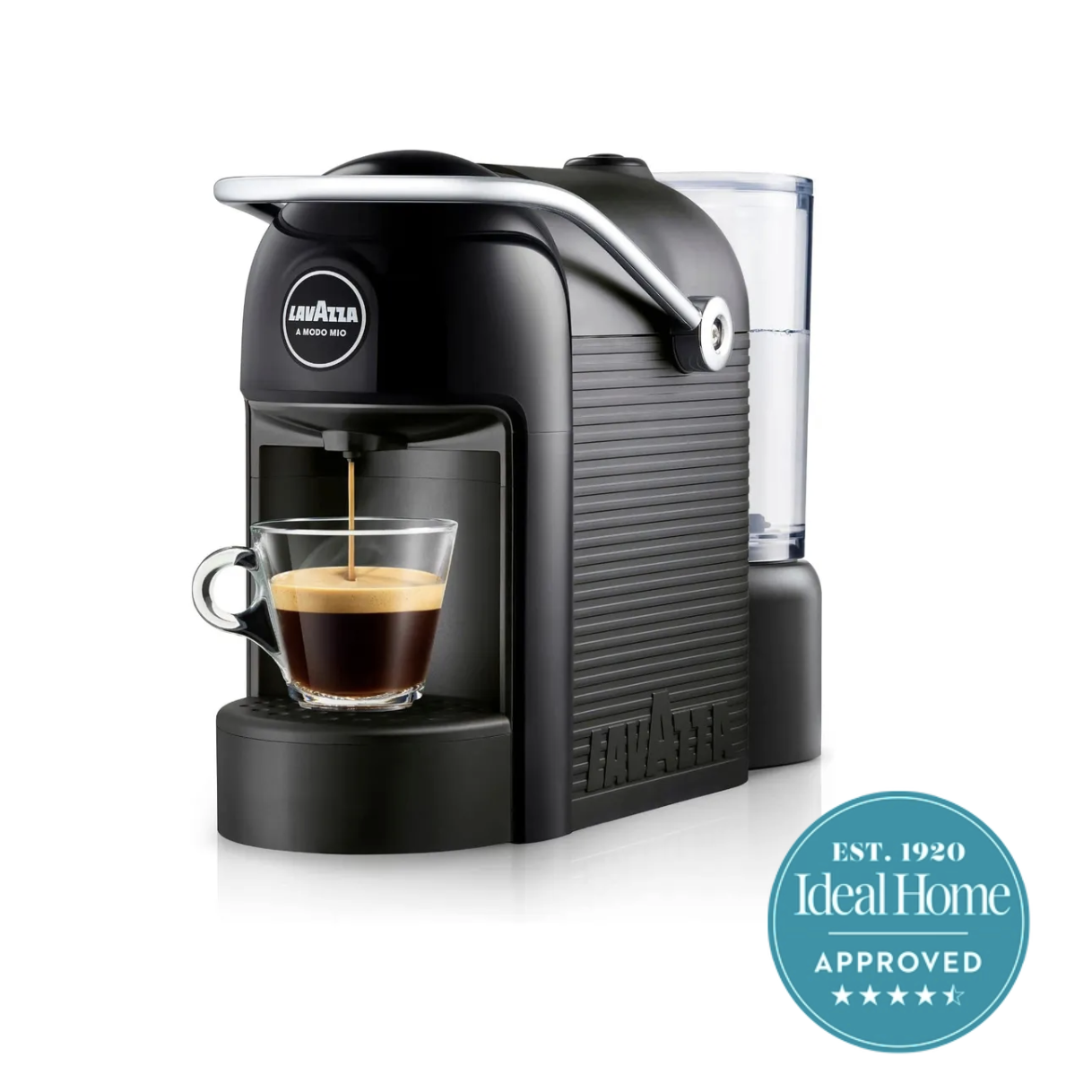 A black pod coffee machine with a lever over the top and LAVAZZA lettering