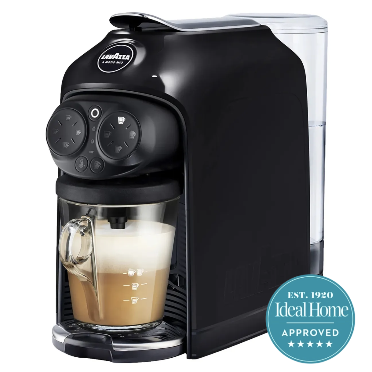 A black Lavazza pod coffee machine with a frothy coffee dispensed and two circular button pads
