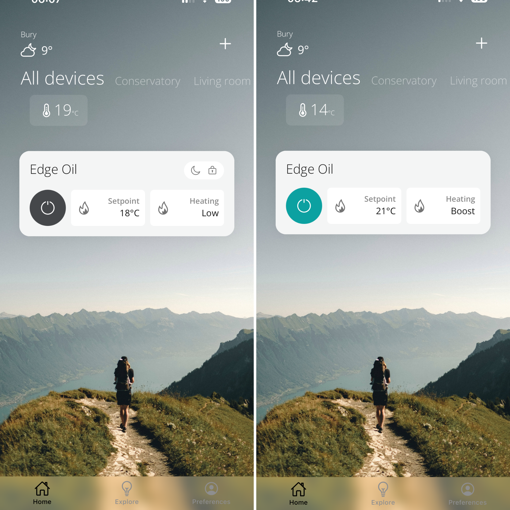 home screen image of the Duux app showing connected devices, with background lifestyle image showing hiker walking