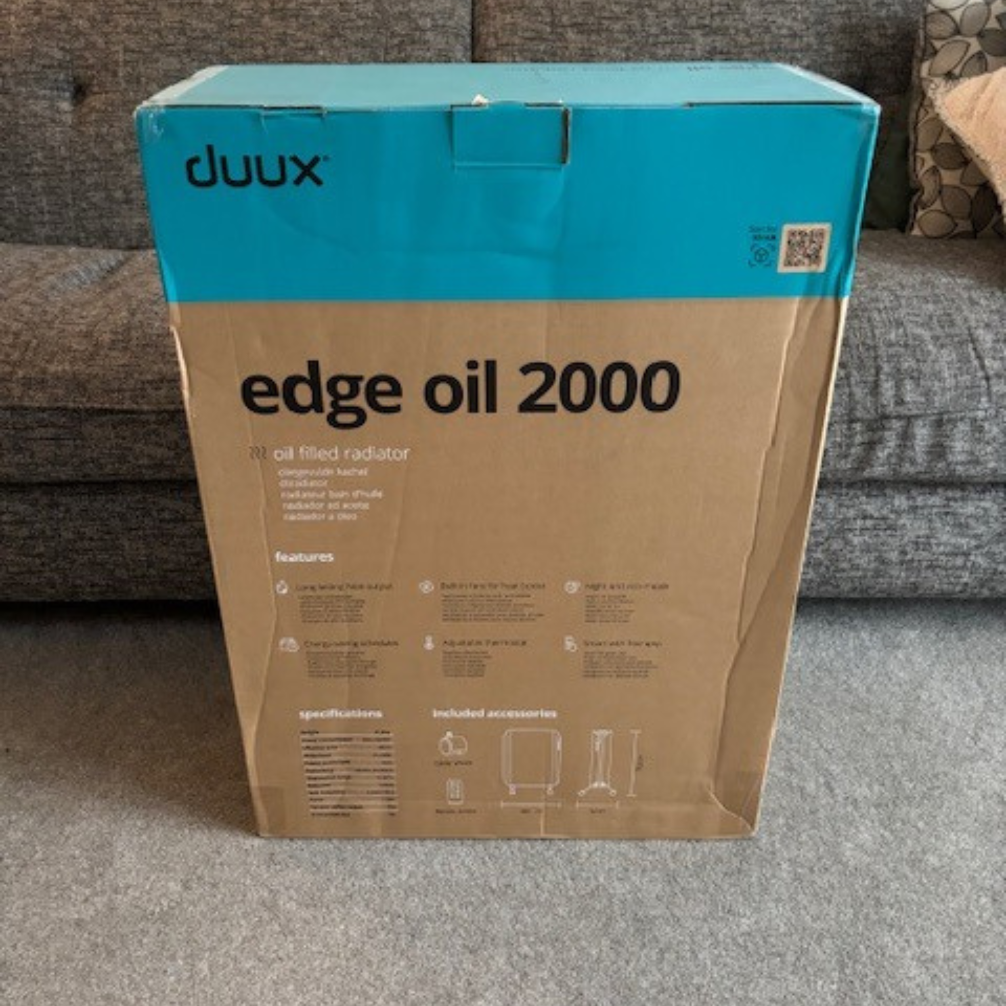 Duux Edge Oil Filled Radiator 2000W in branded rectangular packaging