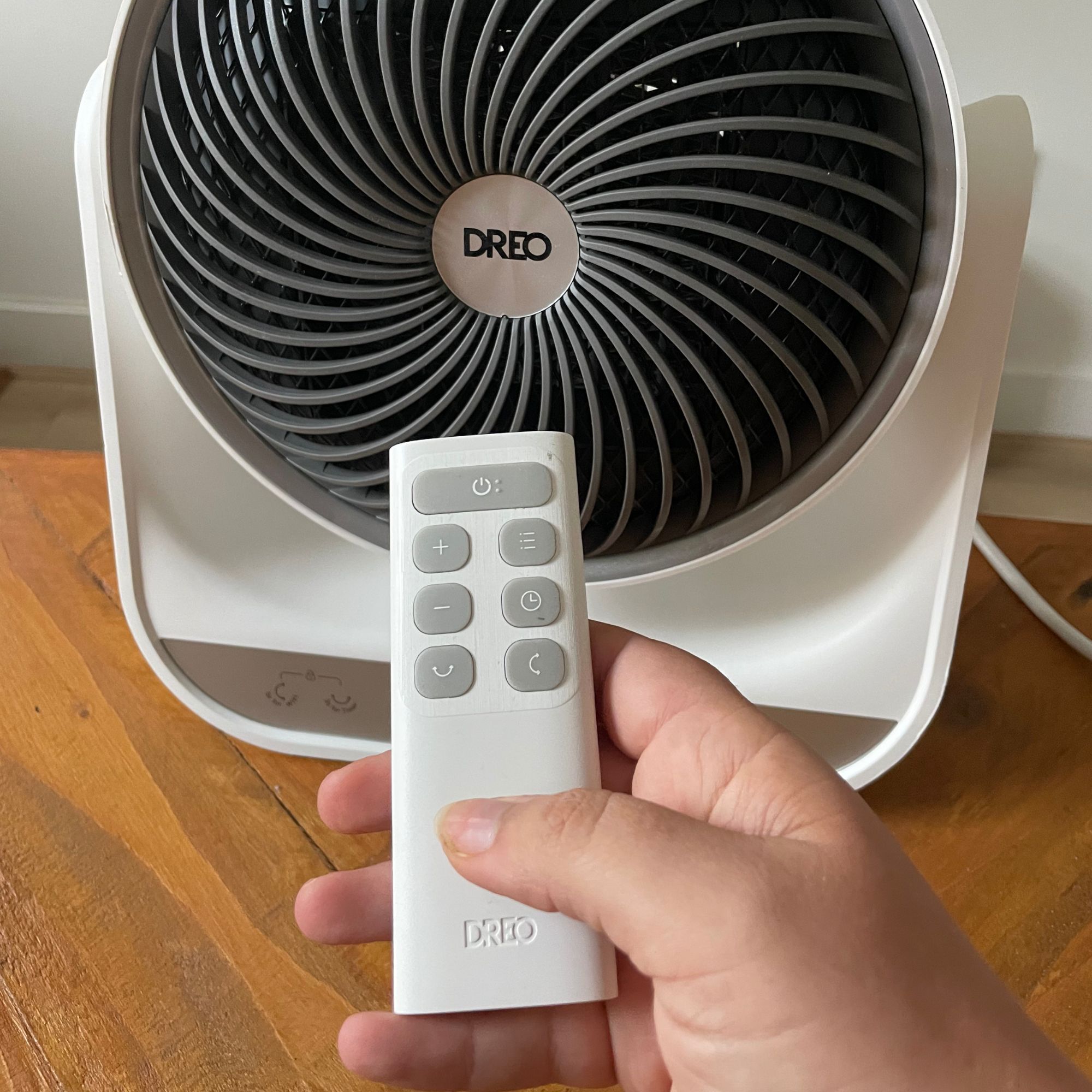 Hand holding a remote control in front of the Dreo Smart Whole Room Heater 714S