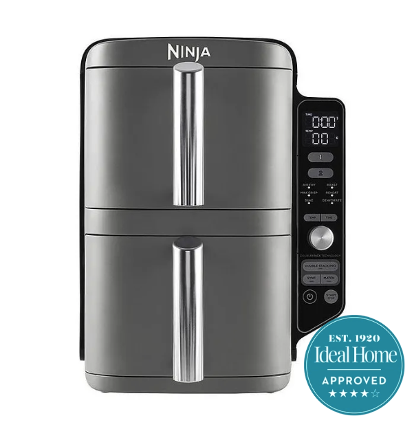A grey air fryer on a white background with an Ideal Home approved 4-stars badge