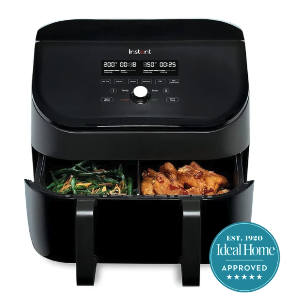 A large two drawer air fryer in black with a divider in the middle on a white background, with an Ideal Home 5 star approved badge 