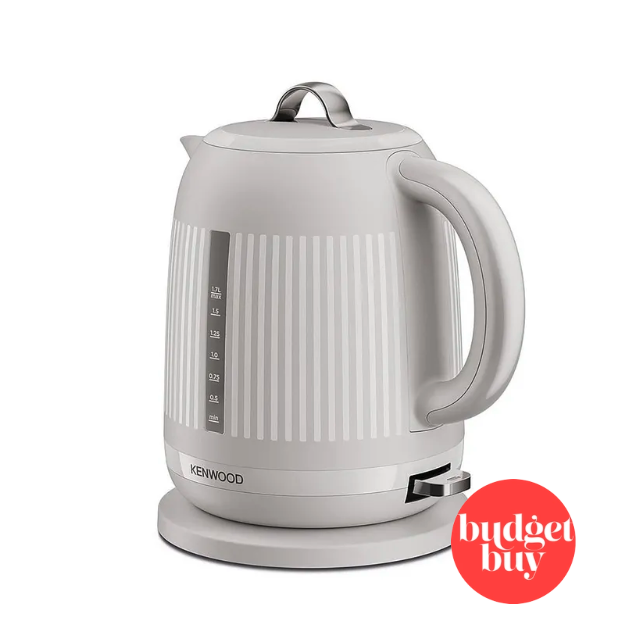 A cream Kenwood kettle on a white background