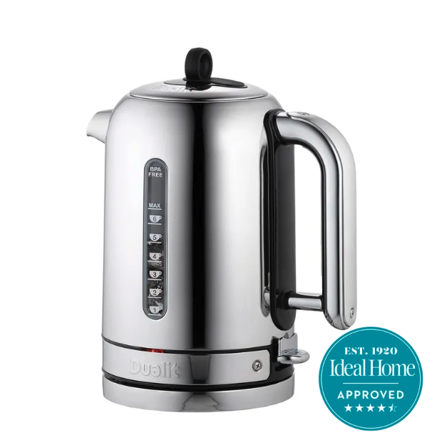 A silver Dualit kettle on a white background