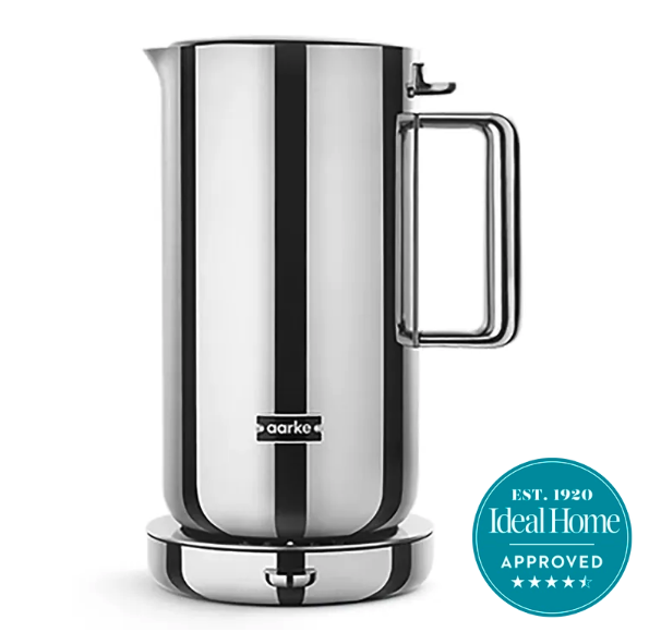 A stainless steel kettle on a white background