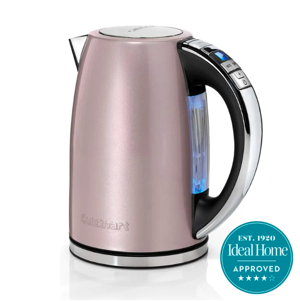 A pink Cuisinart kettle on a white background