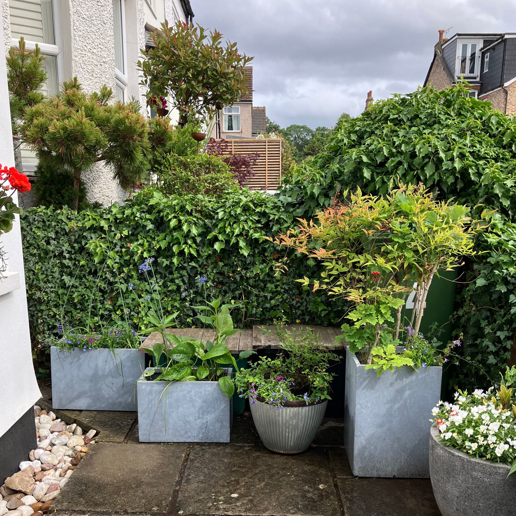 front garden with wheelie bin and recycling