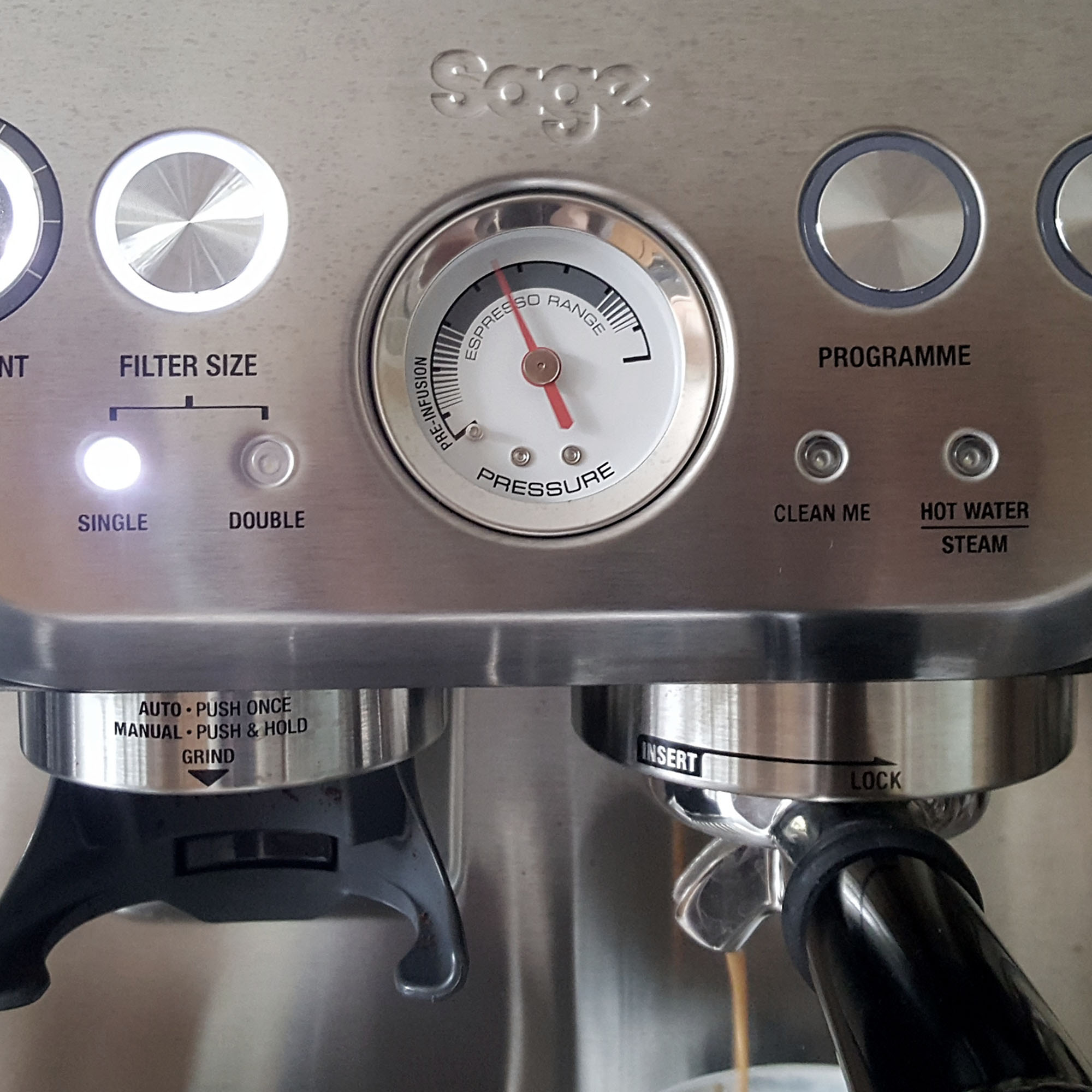 A close up of the Sage Barista Express coffee machine